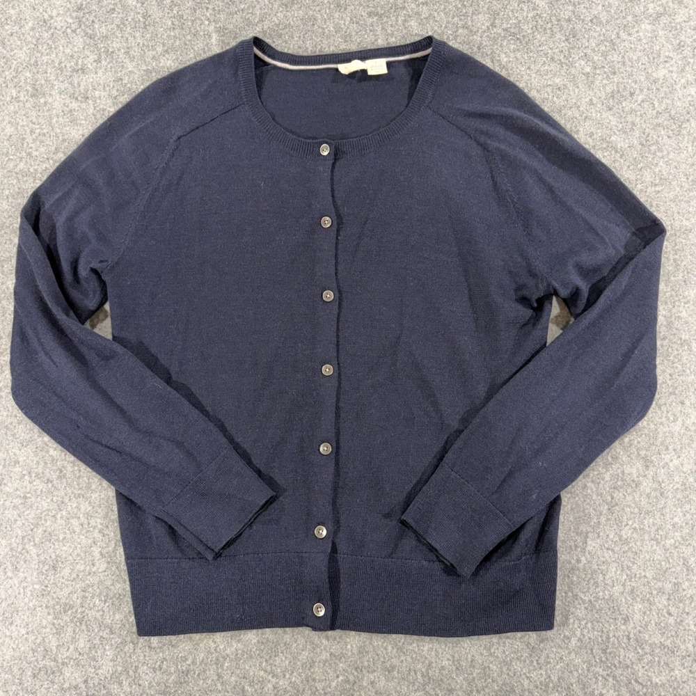 GAP 100% Extra Fine Merino Wool Cardigan Sweater Navy Blue Crewneck Womens L